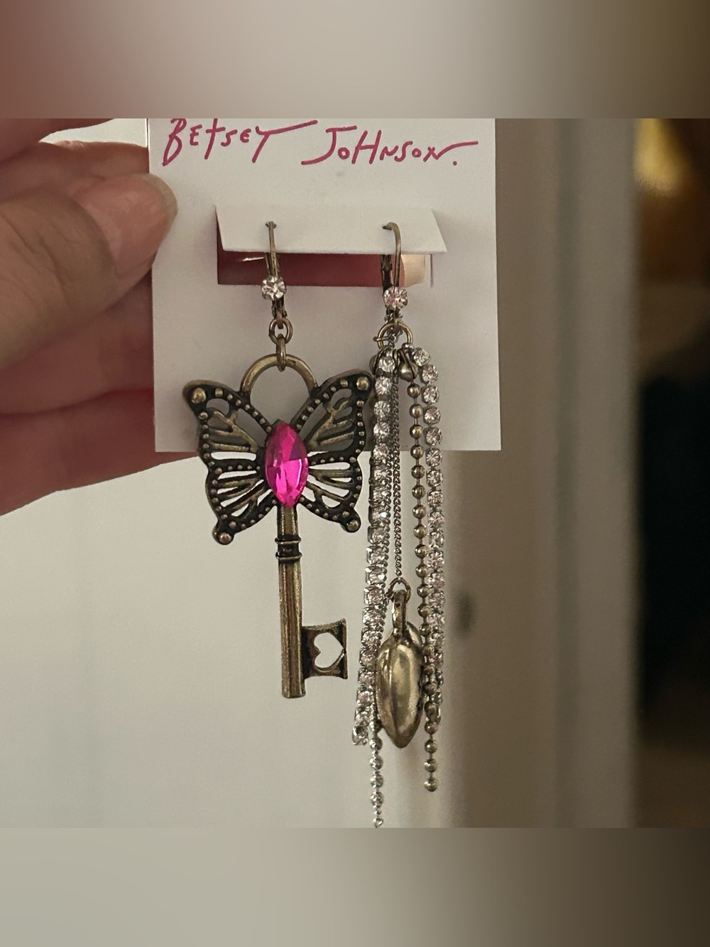 Betsey Johnson Antique Gold Butterfly Key Earrings mismatched earrings